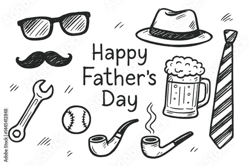 Celebration of Father's Day with festive symbols like ties, hats, and beer in a fun vector design