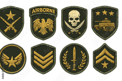 Military vector icons representing various badges and insignias in a simple and bold design suitable for use in different applications