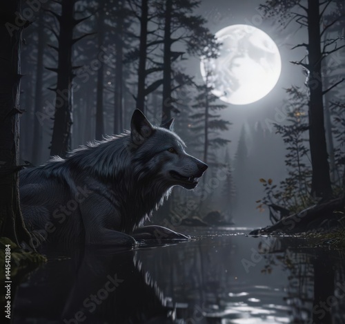 Silver moonlight bathes a lone wolf howling in a shadowy forest ,  isolated,  canine
