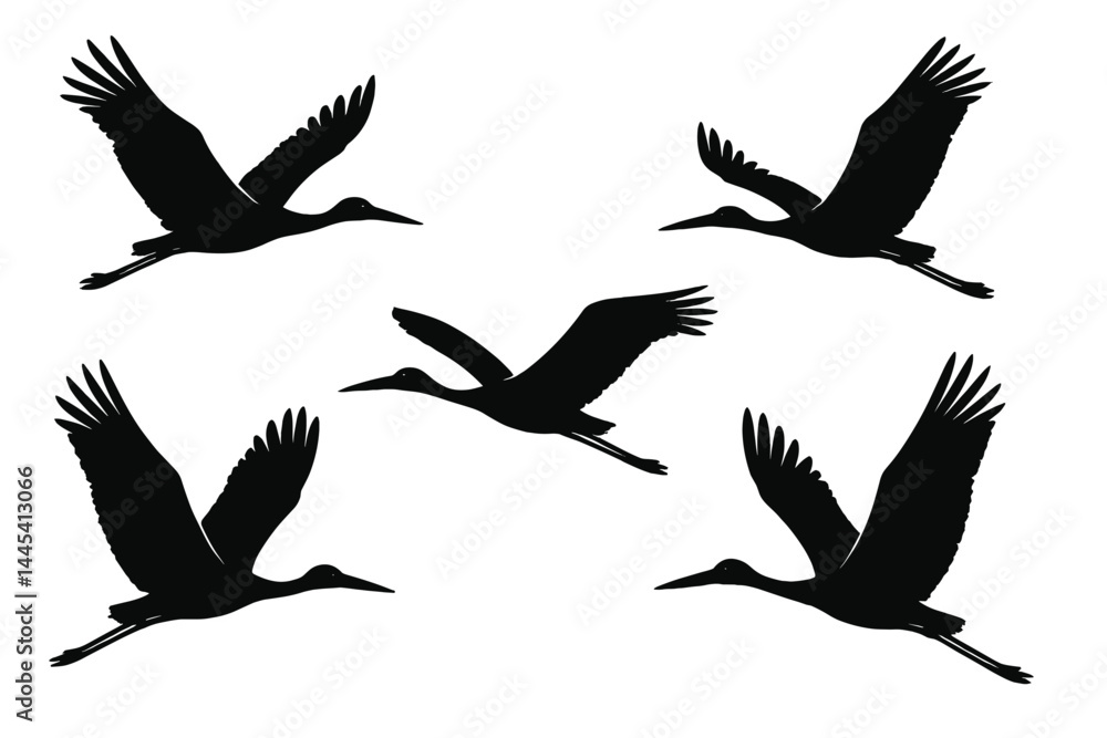 Obraz premium Stylized vector icon of multiple birds in flight showcasing elegant wing movements with a minimalist design element