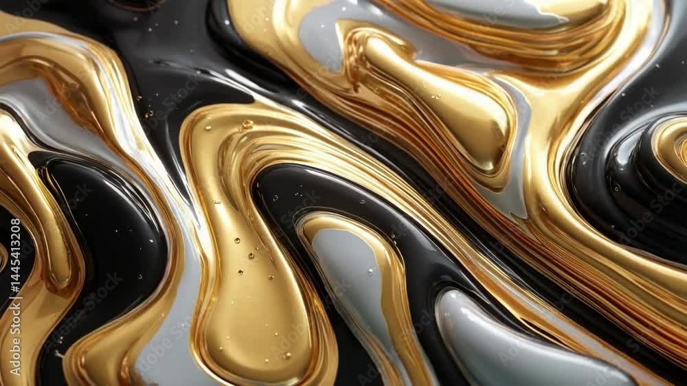 Liquid Gold Symphony: A close-up abstract composition of flowing gold, silver and black colors, forming a mesmerizing interplay of textures, shapes, and highlights. Perfect for evoking elegance. Liquid Gold Symphony: A close-up abstract composition of flowing gold, silver and black colors, forming a mesmerizing interplay of textures, shapes, and highlights. Perfect for evoking elegance.