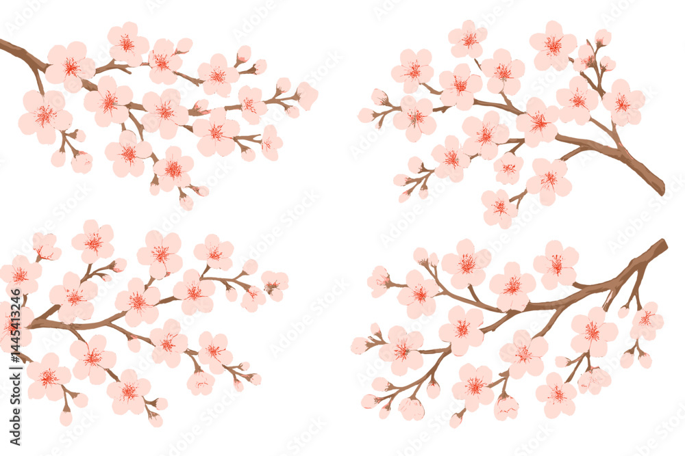 Obraz premium Floral vector icons showcasing cherry blossom branches with delicate pink flowers and simple brown twigs