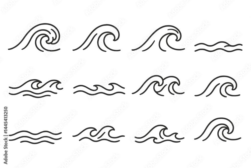 Fototapeta premium Multiple vector icons depicting various styles of ocean waves suitable for digital design and illustration projects