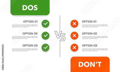 3 Options Comparative infographics design template. Do or Do not for Business. Business presentation, Strategy and Planning. Vector illustration.