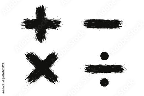 Vector icons representing basic arithmetic operations including addition, subtraction, multiplication, and division in abstract brush stroke style