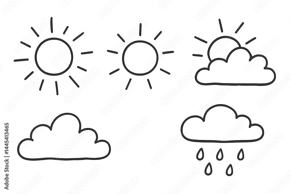 Weather vector icons depicting sun, clouds, and rain suitable for various graphic design projects and digital applications Weather vector icons depicting sun, clouds, and rain suitable for various graphic design projects and digital applications