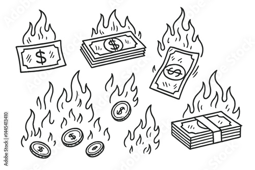 Burning money vector icon depicting cash and coins engulfed in flames to symbolize waste or financial loss in a clear and striking manner
