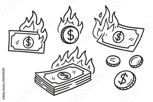 Fire consumes money represented in vector icon style with burning bills and coins, illustrating loss of value during economic crisis