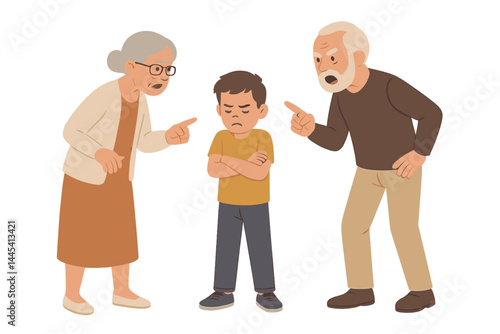 Grandparents scolding a boy for misbehavior in a lighthearted vector illustration