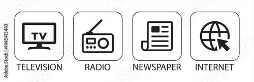 Mass media icon set outline design. Containing television, TV, radio, newspaper and internet icon. Digital marketing concept