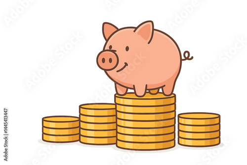 Illustration of a piggy bank standing on stacks of golden coins, representing savings and financial growth in a playful design