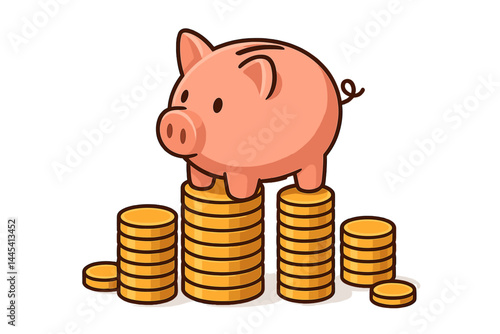 Vector icon depicting a piggy bank standing on stacks of gold coins representing savings and financial growth