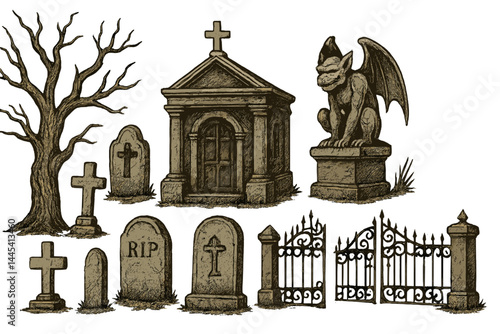 Vector illustration of a spooky graveyard scene featuring tombstones, a crypt, and a gargoyle