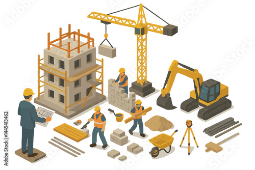 Construction site vector icon depicting workers, machinery, and building materials in action