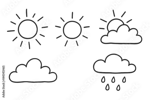 Weather vector icons depicting sun, clouds, and rain suitable for various graphic design projects and digital applications