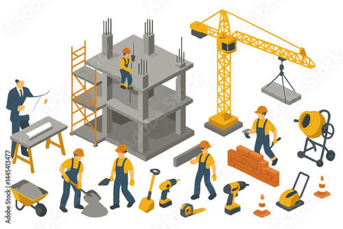 Construction workers engaging in various tasks at a building site with machinery, tools, and materials