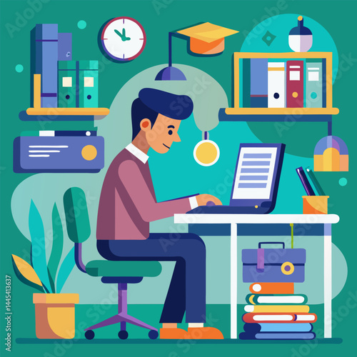 Man Working at Home Desk with Laptop and Books
