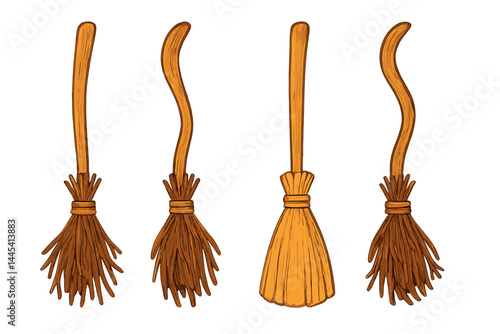 Vector icon set of decorative brooms with unique designs and styles