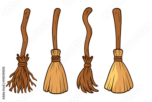 Brooms of various designs showcasing traditional craftsmanship and usage