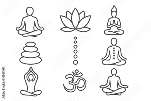 Collection of vector icons depicting meditation, yoga, and spiritual symbols showcasing tranquility and harmony in a minimalist style