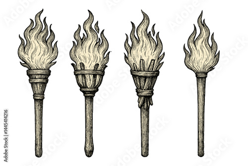 Vintage vector icons of various torch designs showcasing flames in different styles and arrangements