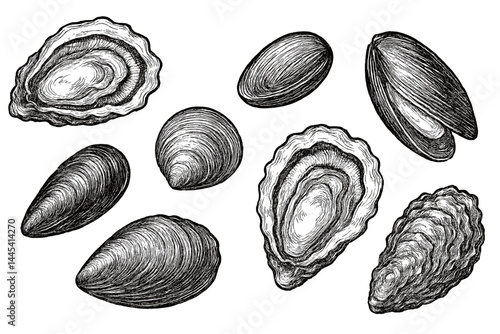 Detailed vector icon of various shellfish including oysters and mussels in a finely illustrated style
