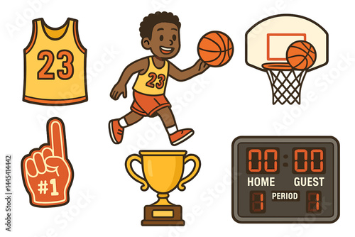Fun and energetic basketball icons representing a youth sports theme with trophies, basketball, and player actions
