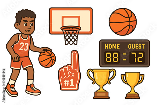 Vector icon representing basketball game elements including a player, scoreboard, and trophies illustrating competitive sports activity