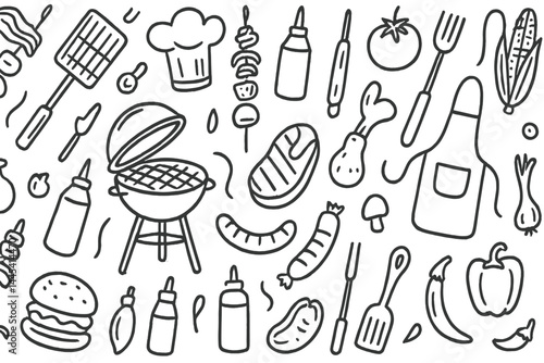 Grill vector icon collection featuring barbecue tools, foods, and condiments for outdoor cooking and summer gatherings