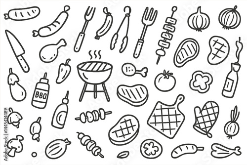 Barbecue vector icons featuring grilling tools, various meats, and condiments for summer cooking activities