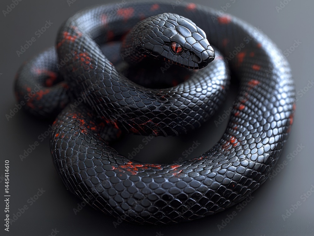 Fototapeta premium Coiled black snake with fiery red markings, detailed scales