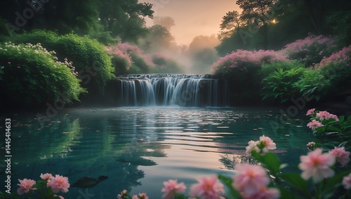 Fototapeta Naklejka Na Ścianę i Meble -  Waterfall among pink flowers in peaceful garden setting