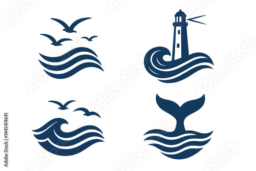 Vector icons representing maritime elements including birds, waves, lighthouse, and whale tail in a stylish minimalist design