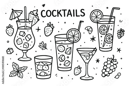 Delightful vector icon featuring various cocktails and fruits in a fun, hand-drawn style perfect for summer vibes and party themes