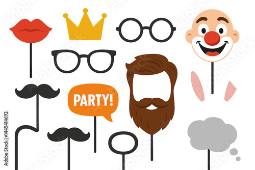 Fun vector icons for party props including mustaches, glasses, and playful expressions for festive gatherings or celebrations