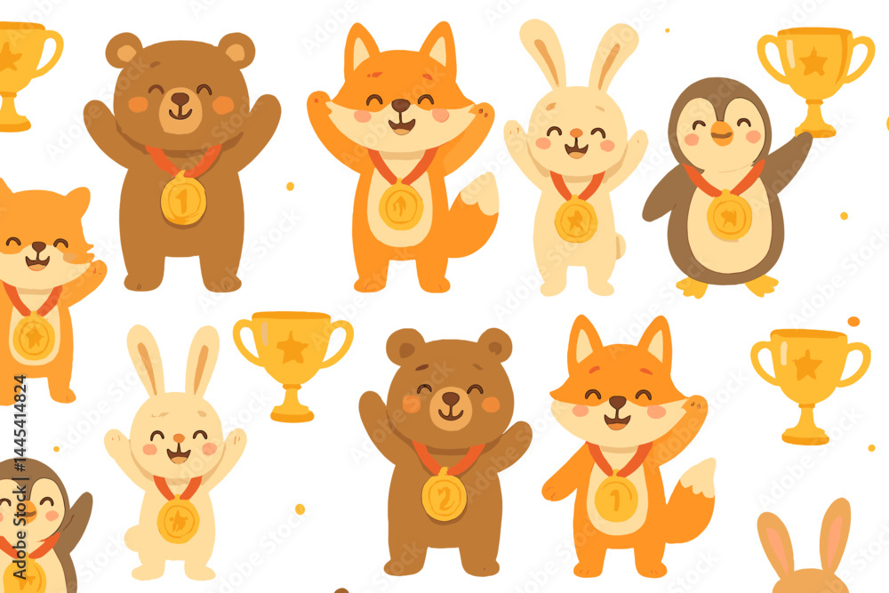 Fototapeta premium Vector icon featuring cute animals celebrating with trophies, showcasing an exciting and playful atmosphere