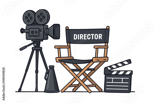Creative vector icon featuring a film director's chair, camera, megaphone, and clapperboard for movie production themes