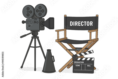 Vector icon featuring a vintage film camera, director's chair, clapperboard, and megaphone, perfect for production themes in media and cinema