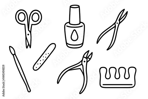 Vector icon collection of manicure tools including scissors, nail polish, and cuticle nippers for beauty and grooming activities