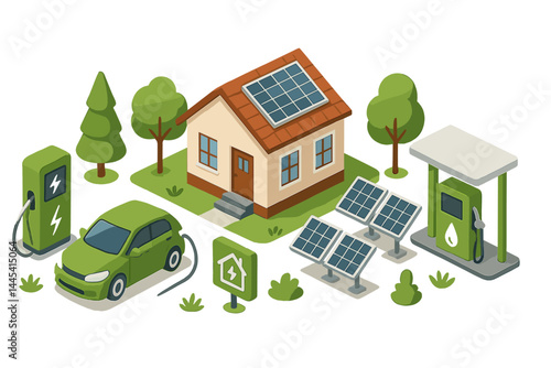 Vector icon depicting a sustainable home with solar panels, electric vehicle charging station, and green landscape elements