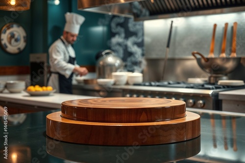 a chef in a blurry background working in a kitchen restaurant, front a table top for product display
