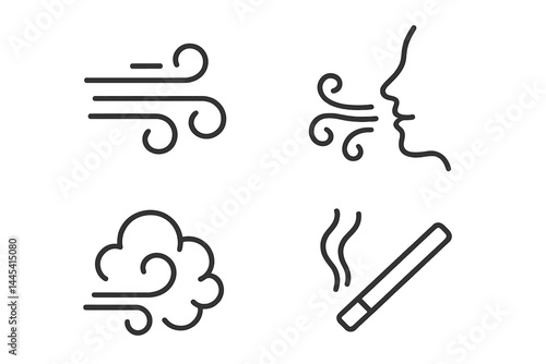 Vector icons representing airflow, breathing, smoke, and air movement in a simplistic design
