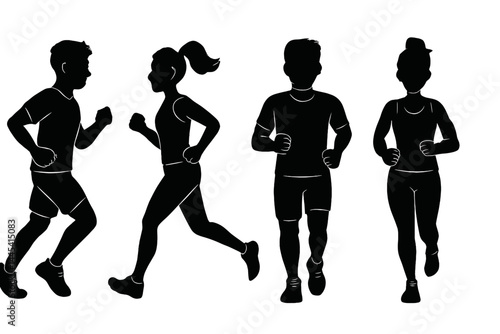 Running silhouettes representing various ages and genders participating in a fitness activity for health and wellness benefits