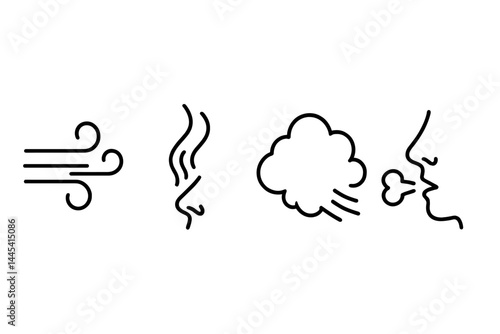 Vector icon collection representing different forms of air movement including wind, smoke, clouds, and breath