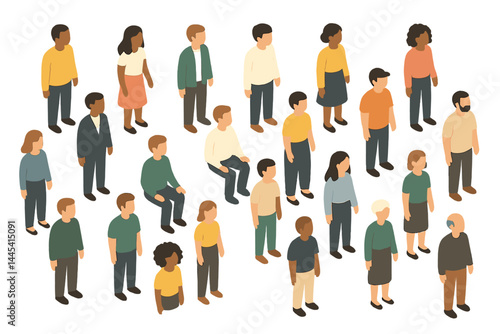 Diverse group of people in casual attire standing and interacting in a minimalistic setting