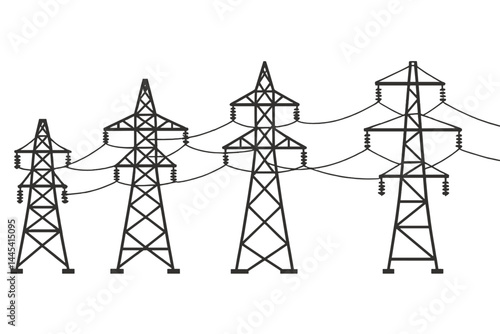 Vector icon depicting multiple electricity transmission towers in a line conveying the structure's function in power distribution