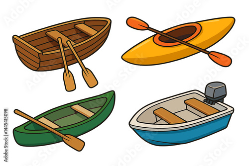 Vector icons illustrating various types of boats including kayaks, canoes, and motorboats in a colorful design