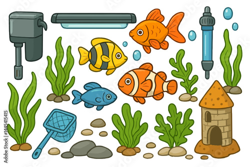 Vector icon set showcasing colorful aquarium fish, aquatic plants, and accessories for fishkeeping enthusiasts