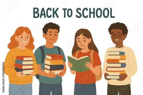 Group of students holding books preparing for back to school season with enthusiasm and excitement