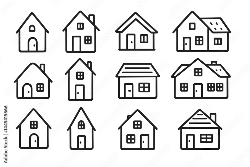 Vector icons of various house designs depicting different architectural styles and sizes for use in graphic design projects Vector icons of various house designs depicting different architectural styles and sizes for use in graphic design projects